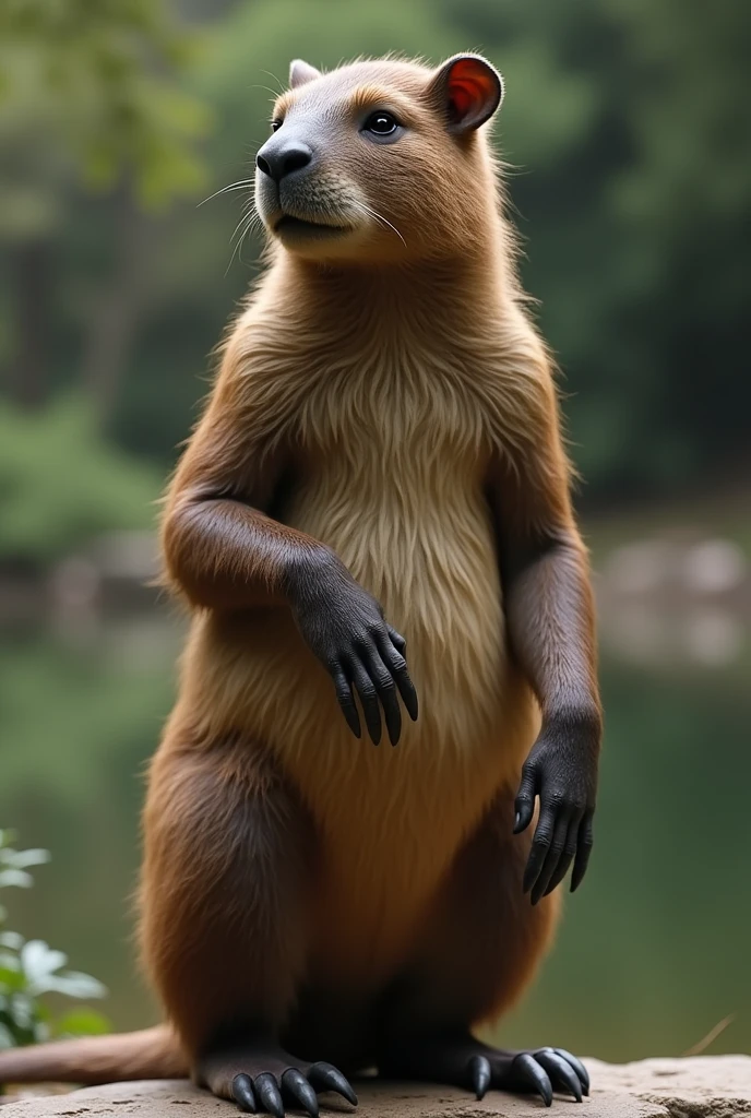 Create a sophisticated "capybara monkey" Female One, emphasizing the monkey's fur and the capybara's nails