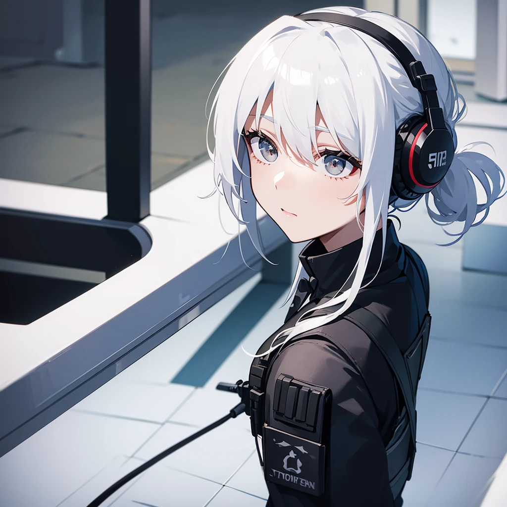 A female SWAT unit with white hair tied in a long ponytail, wearing headphones with a microphone, and a bulletproof vest, with a white shirt underneath. There is 1 person.