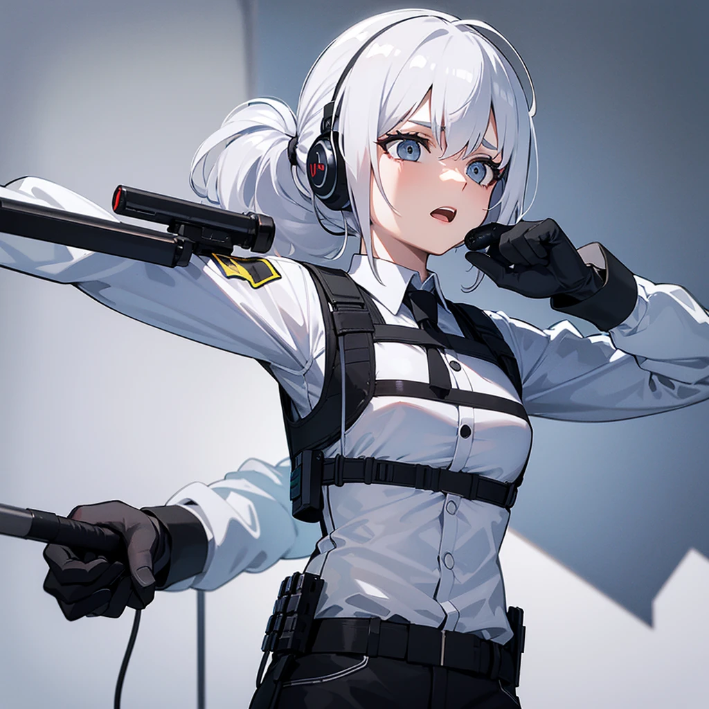 A female SWAT unit with white hair tied in a long ponytail, wearing headphones with a microphone, and a bulletproof vest, with a white shirt underneath. There is 1 person.