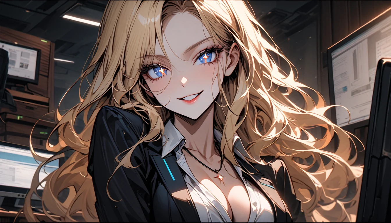 solo female, long wavy blonde hair, blue eyes, wink, secretary, office, wooden furniture:0.1, business suit, wide seductive smile, elegant, loose shirt, necklace, business jacket, cleavage, computers, very large breasts, very long lashes, medium shot, futuristic:0.3, sparkling eyes