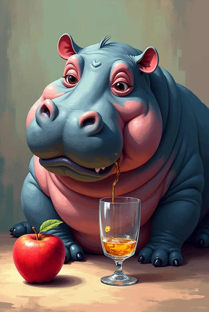 draw a hippo with an apple and a glass, with elements of art being this theory of color and figure