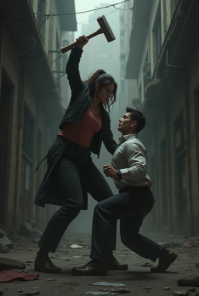 Woman with hammer hitting a man