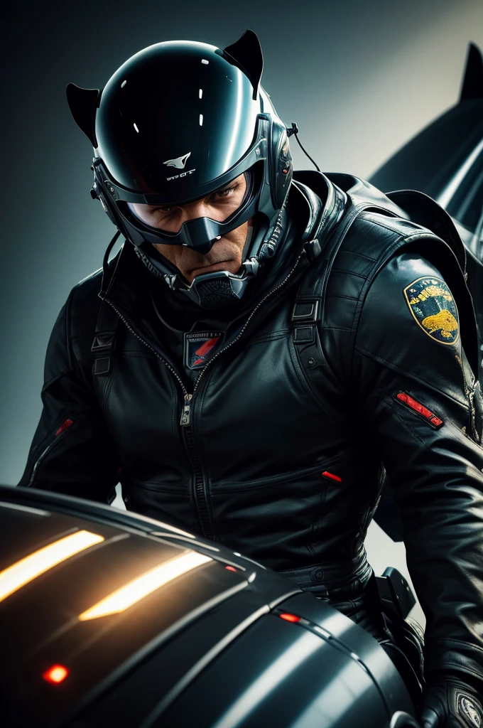 black jaguar, jet fighter pilot helmet, jet cockpit, photo-realistic, octane render, highly detailed, cinematic lighting, dramatic angles, striking colors, powerful predator, intense gaze, dynamic pose, hyperrealistic, award-winning photography, National Geographic style