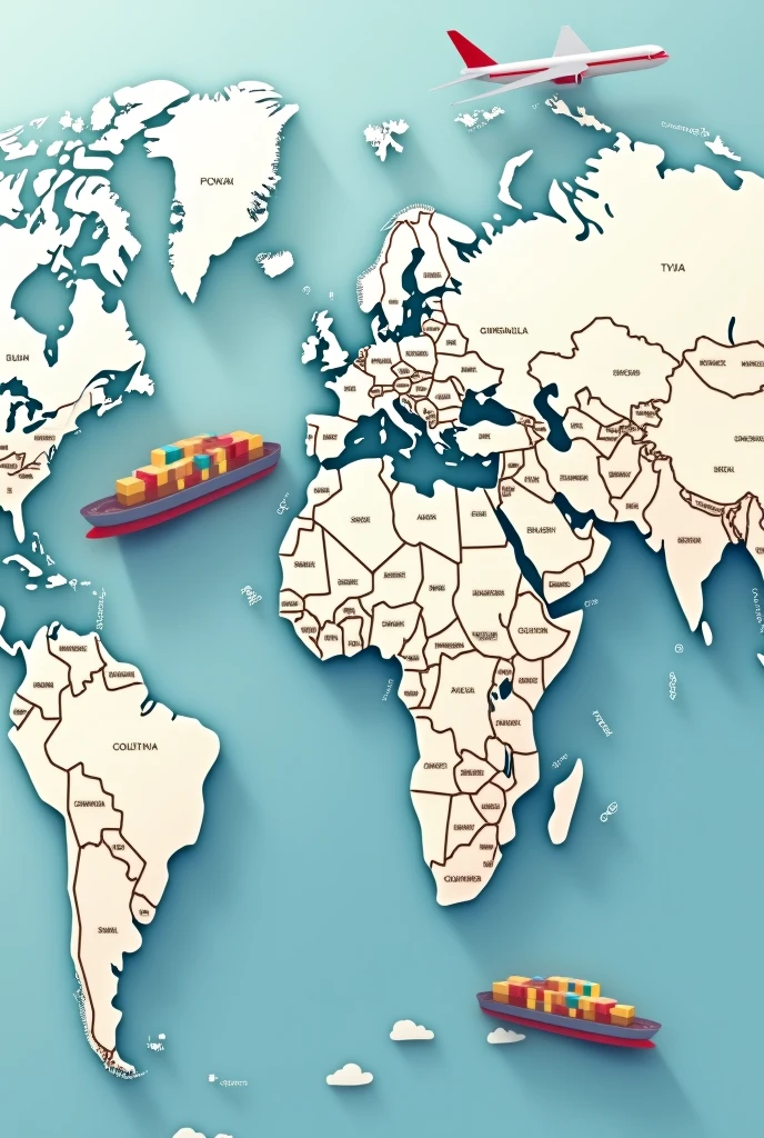 Map with highlighted countries, ship and plane with parcels