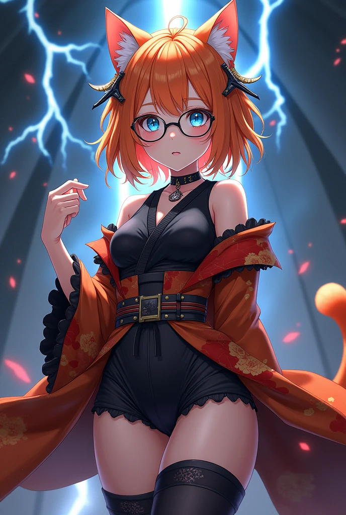 Mature anime girl, orange hair to shoulders wolfcut, white highlights, thin frame round glasses, Take-Mikazuchi, God of Thunder, blue eyes, , cat girl, goth, choker necklace, lightning shaped hair accessories, sword shapes hair accessories, thigh highs, boy shorts, gothic kimono with frills and orange and red design, flat