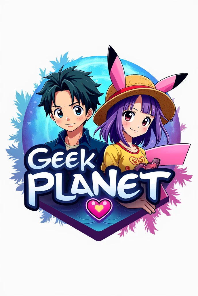A logo with a world in the background, the pink and purple crescent moon and star heart symbol in the upper left corner in vivid colors, one or two anime figures, a boy with wavy hair and a girl with straight purple hair with pink Pikachu-like ears with a Pikachu shirt and a Luffy hat from One Piece, and have in the middle part the name geek planet white background