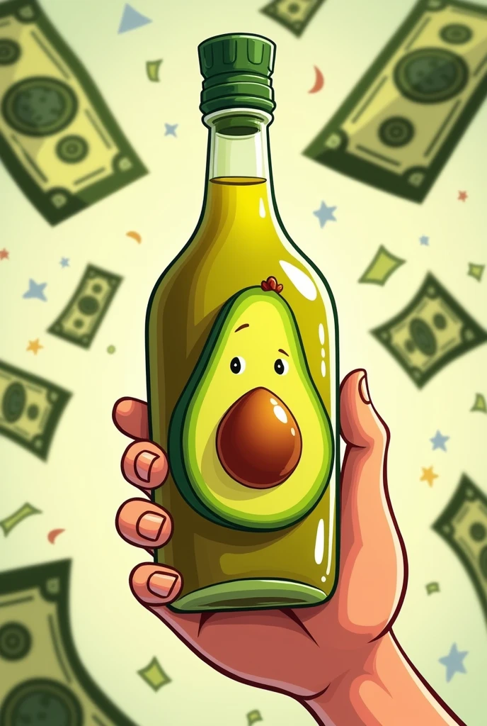 Avocado oil bottle in a cartoon with money in hand