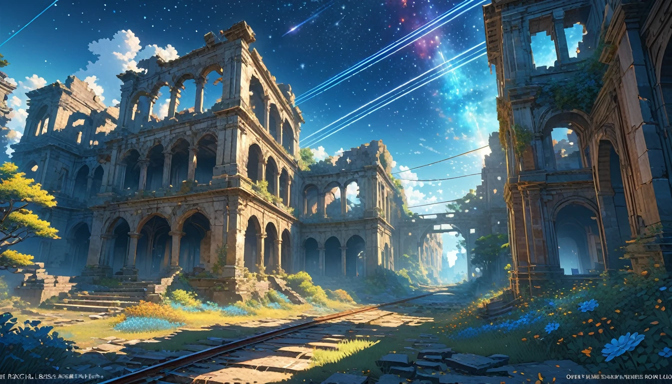 score_9, score_8_upper, score_7_upper,(((ruins))),現代のruins,sf,(((blue))),,horizontal line,Morning Glow,Starry Sky,Streaks of Light,(masterpiece, Highest quality, Highest quality, Official Art, beautifull, beautiful:1.2,Ray Tracing),Very detailed,Blue tones,Very detailed, (Fractal Art:1.3),  Most detailed, High resolution, Impressive visuals, (Dynamic Stripes, Light trail:1.2), Vibrant colors ,Detailed Images