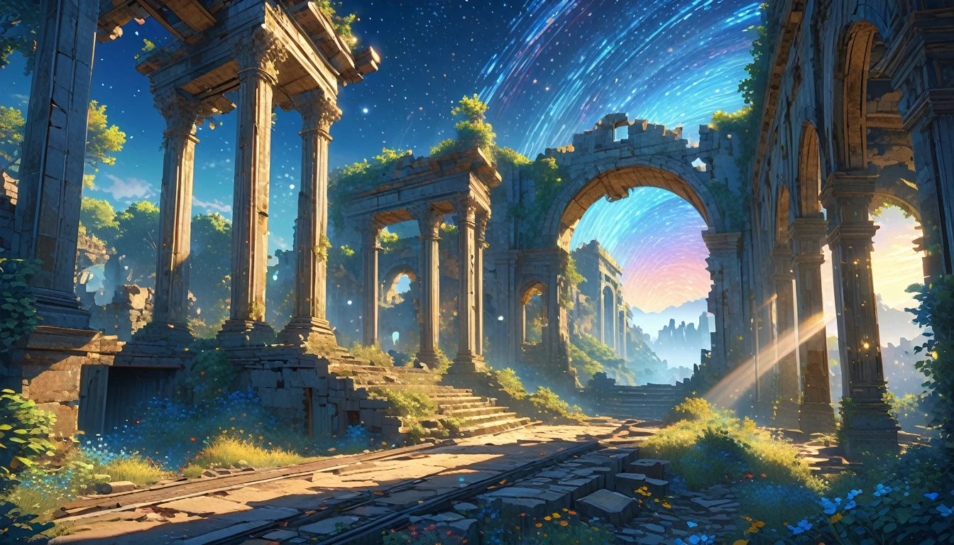 score_9, score_8_upper, score_7_upper,(((ruins))),現代のruins,sf,(((blue))),,horizontal line,Morning Glow,Starry Sky,Streaks of Light,(masterpiece, Highest quality, Highest quality, Official Art, beautifull, beautiful:1.2,Ray Tracing),Very detailed,Blue tones,Very detailed, (Fractal Art:1.3), Most detailed, High resolution, Impressive visuals, (Dynamic Stripes, Light trail:1.2), Vibrant colors ,Detailed Images
