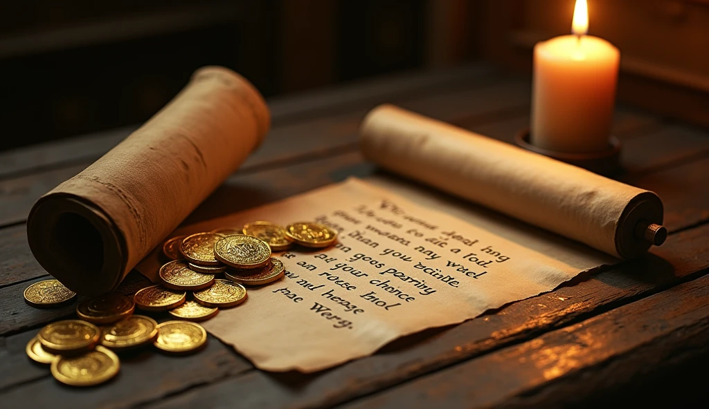 Create a hyper-realistic and mysterious image of a partially toppled pile of gold coins on an antique table, with an open scroll lying beside it. Ao fundo, a nearly extinguished candle projects a soft, golden light that illuminates part of the parchment, where a phrase about the importance of wisdom is written. The scene should capture the moment of reflection, where the choice between material wealth and wisdom is clearly symbolized, with the golden light emphasizing the urgency of the decision.