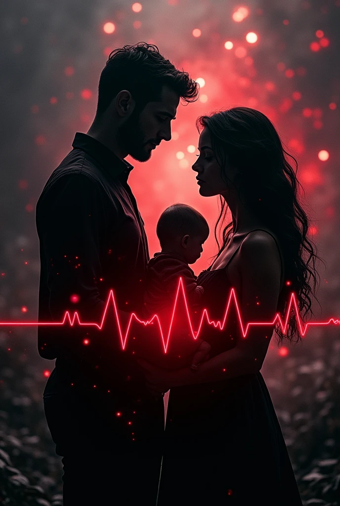 black and white silhouette, red heartbeat line, colorful background, In the middle of the heartbeat line a family is formed, dad, Mom and a 3--old b, dark fantasy