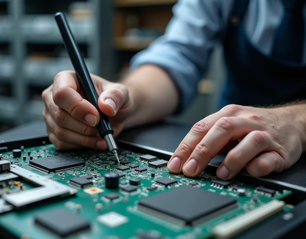 A detailed and professional image showing a laptop repair, with a focus on the motherboard. Spotlight, An experienced technician is working accurately on the laptop motherboard, using specialized tools such as a soldering iron and pliers. The motherboard is exposed, showing key components such as chips, integrated circuits and capacitors, with sharp details that highlight its complexity.
Lighting is carefully directed to highlight crucial elements of the motherboard, creating a contrast that emphasizes the delicate and meticulous work of the technician. In the background, You can see other components of the laptop, like the case and keyboard, disassembled and sorted, reflecting an organized and professional work environment.
The overall mood of the image is technological., with a tone that conveys the precision and knowledge necessary to carry out this type of repair, Capturing the audience's attention and highlighting the importance of the motherboard in the functioning of a laptop