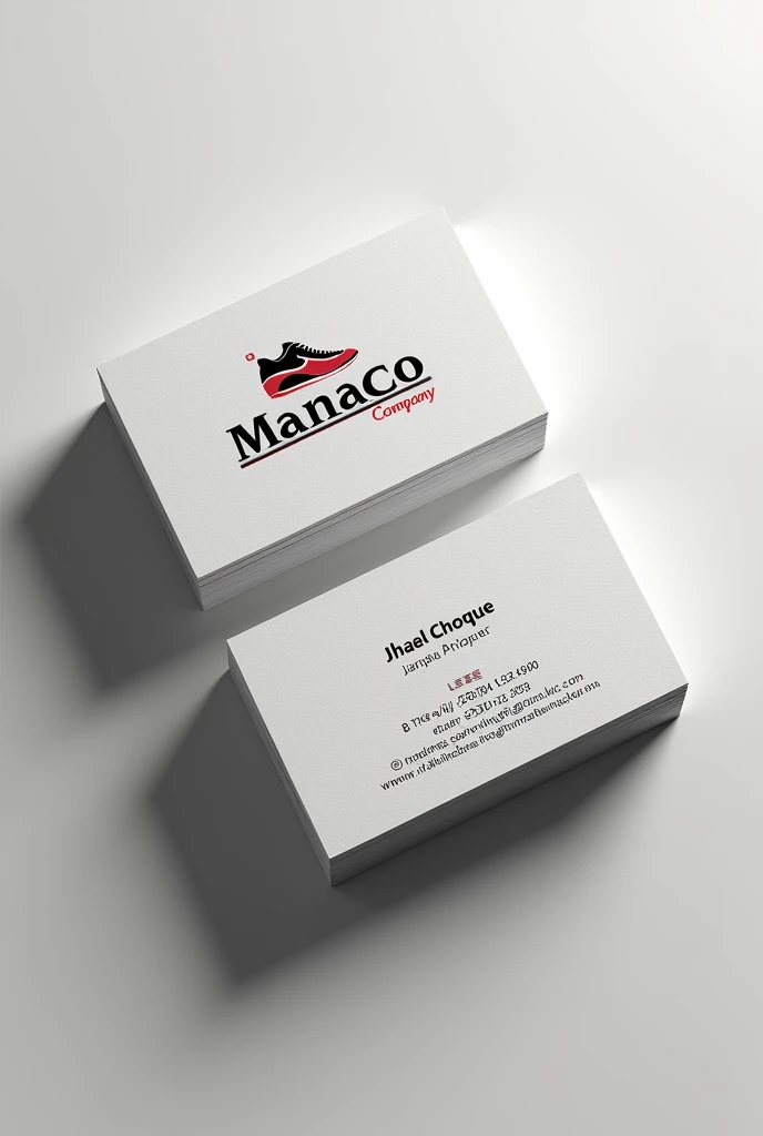 A business card for the Manaco company in the name of Jhael Choque with the cell phone 74516653 and the address B/ The Hill, esq. Cochabamba and Hugo Lopez with the logo on the front that says MANACO QUALITY FOOTWEAR As clear as possible 