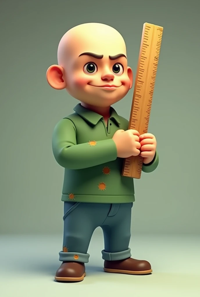 A bald and thin man. He wears a green shirt that covers his entire arm, he wears minimalist blue pants and brown shoes, he holds a big ruler, he has a round and skeptical smiley face, (((he is in old game 3d model style, he has glitches on parts of his body)))