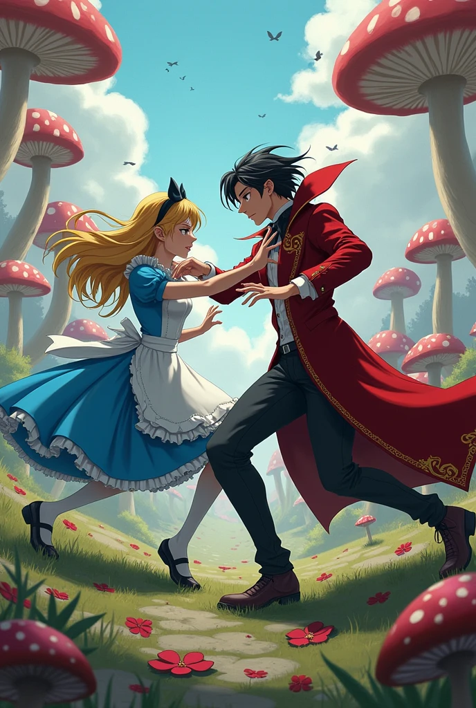 I want Alice, male version and the Queen of Hearts, male, the two fighting, anime version, a little realistic, male, the two