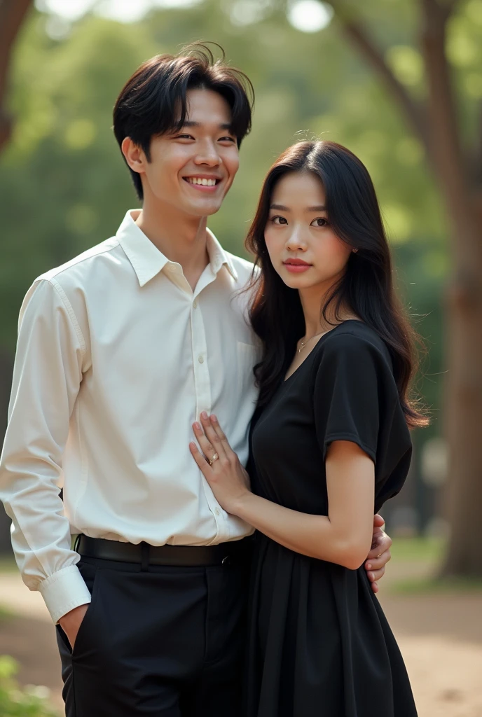 BTS's J-Hope smiling from the front with black hair, wearing a black pants and a white shirt, with a twin sister beside him, with long black hair, serious expression wearing a black dress. Both being brothers in a casual setting