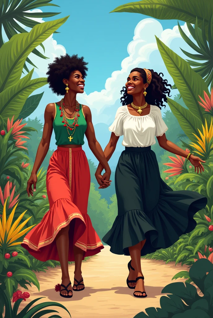 créer A superb onee image d'A superb one , her name is Atabey. afro haïtienne, frizzy hair with beads, collars, ankh earrings, habits traditionnels folklorique,. She walks in the very colorful botanical garden of Martissant, Haiti, with his friend Jesula, afro haïtienne, cheveux crépus avec A superb one barrette coloré bien habillé, jupe noire droite, white bodice with ruffles at the collar. Atabey très joueuse, Jesula souriant. Sachant que Atabey vodouisante et Jesula protestante. Title of the book "choc culturel " A superb onee image digne de ce livre . Ils dansent. L'un regarde vers le ciel et l'autre les bras ouverts en train de se tourner