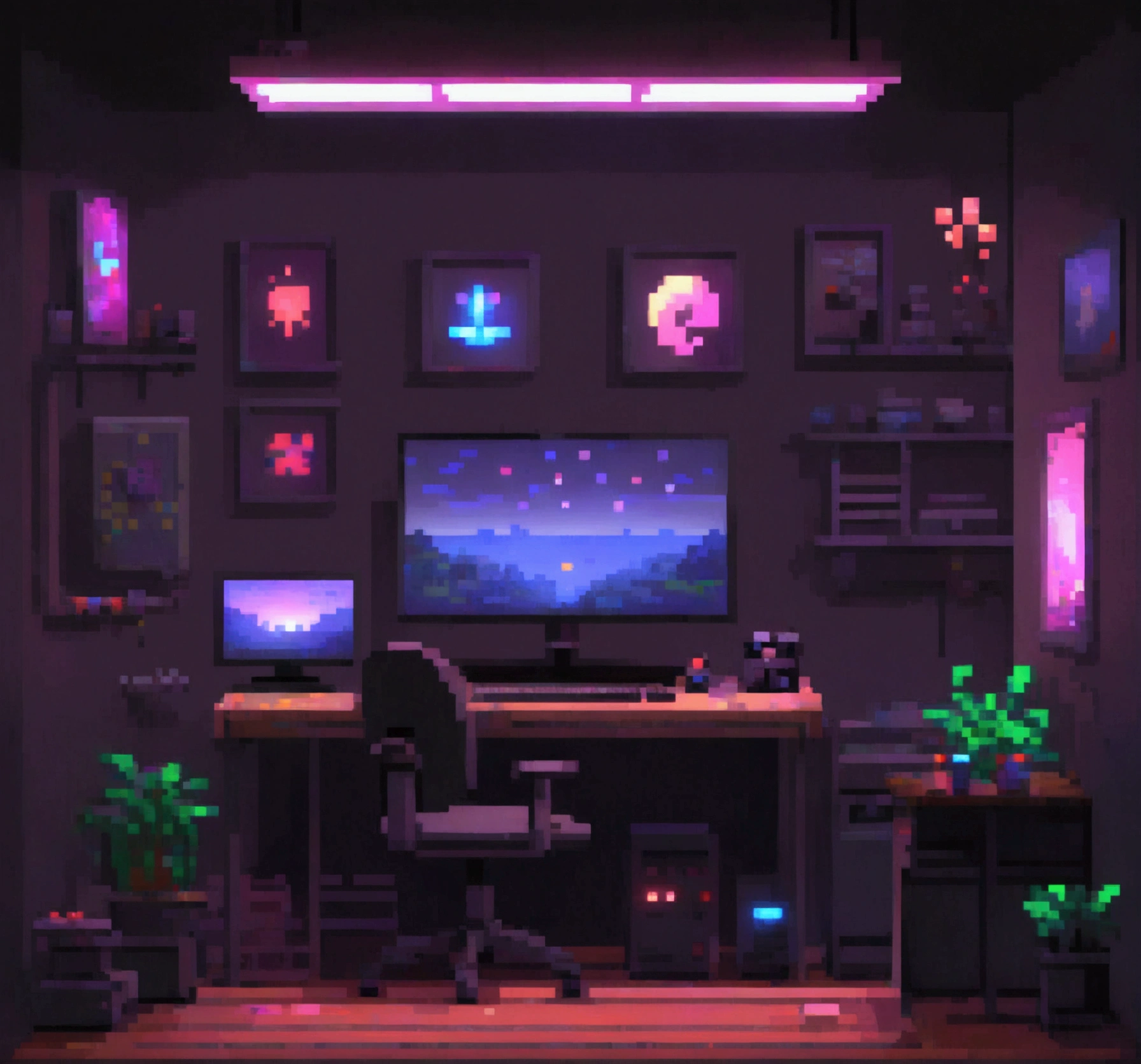 dark gamer room with pixel art style LEDs, with hands on the table, good details, desk objects,