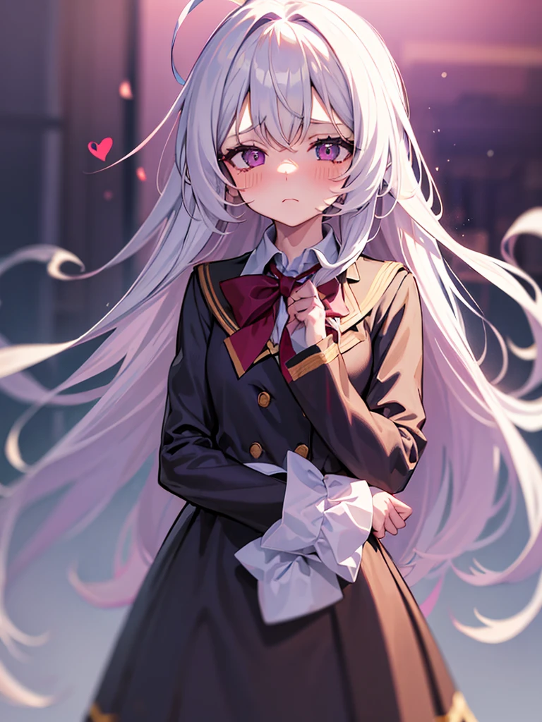 (Mastepiece), (Ultra detailed), (Best quality), Beautiful girl, 1, very very long white hair, straight hair, wavy hair, blushing, shy expression, tokiwadai high school uniform, sharp face, purple eye, perfect eye, (Blur backround:1.3), (White backround:1.4), (Squint:1.3), (Sleepy:1.2), classroom, thick ahoge hair, full head