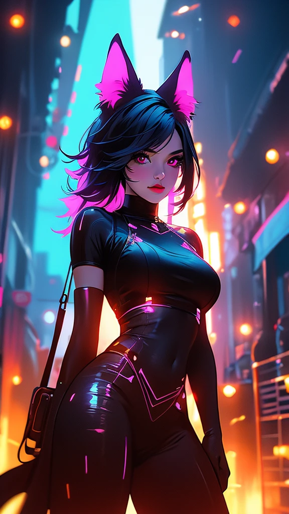 a very cute emo girl, shy pose, first date, neon hearts, romantic atmosphere, 1girl, cloud, solo, sunset, cloudy sky, animal ears, cat ears, glowing eyes, sky, red eyes, navel, fire, glowing, breasts, embers, looking at viewer, digital painting, oils, highly detailed, cinematic lighting, dramatic colors, vibrant, photorealistic, masterpiece