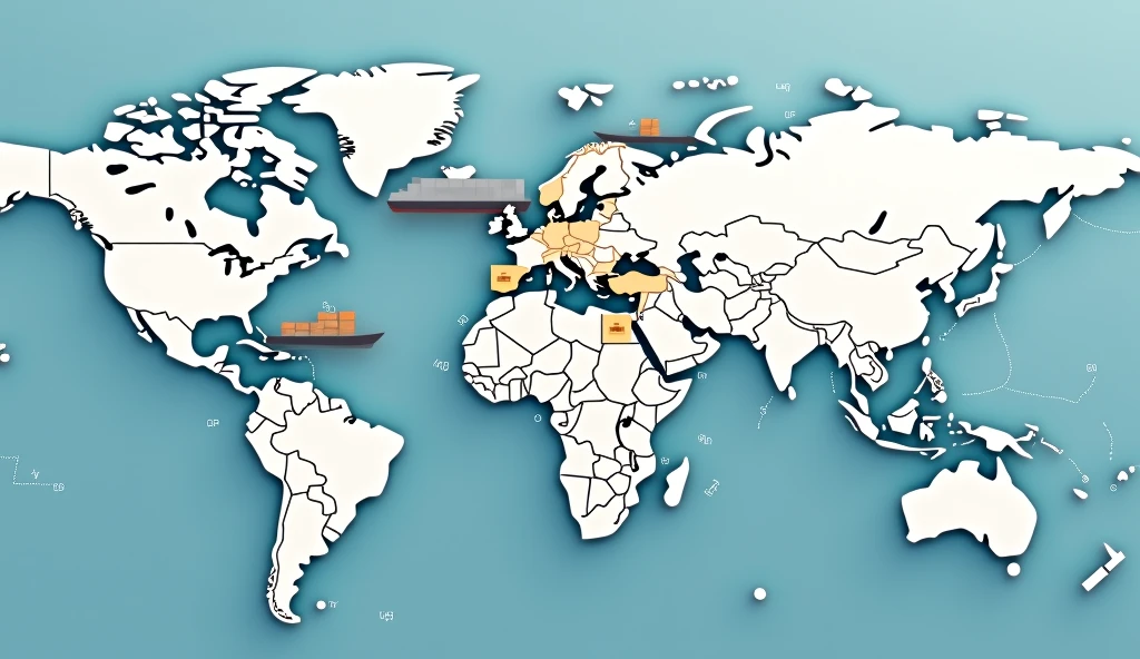 Map with highlighted countries, ship and plane with parcels