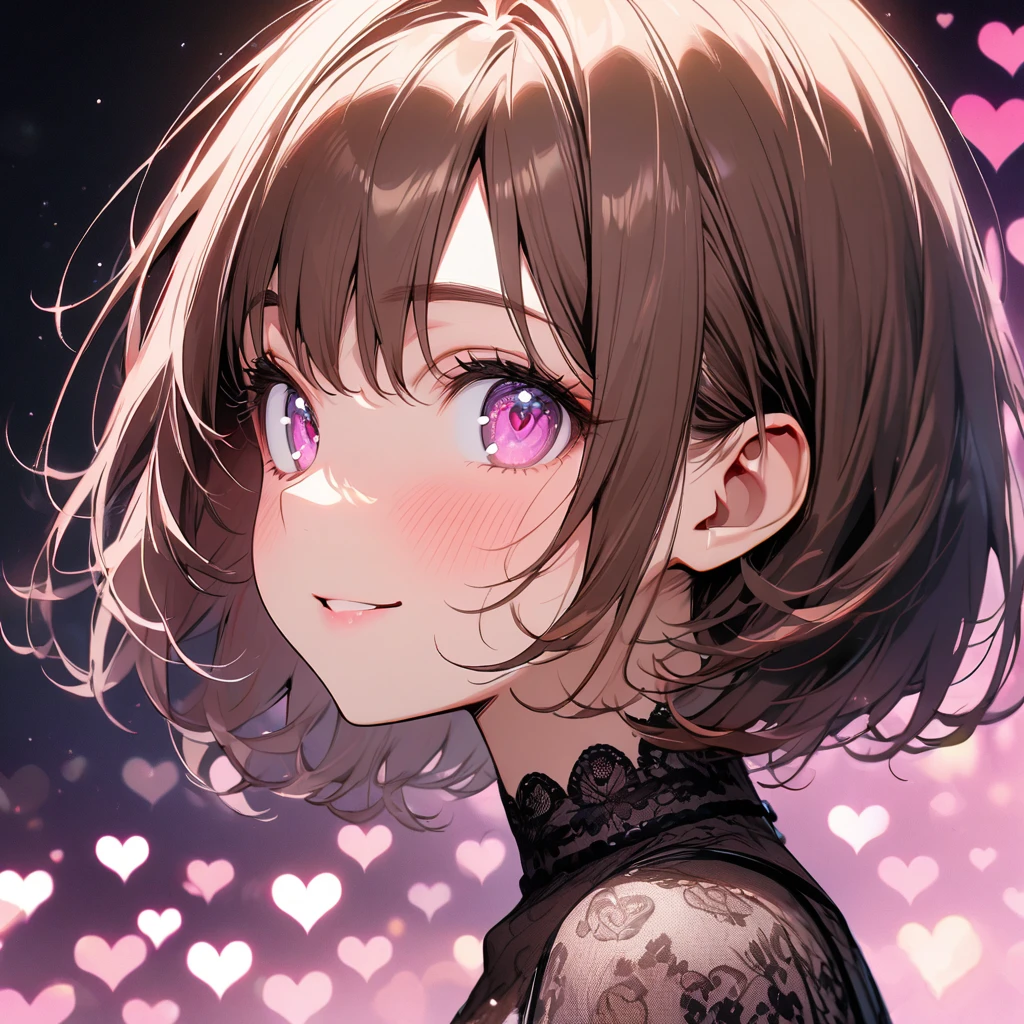 1 girl,solo,close-up shot of ear to neck,ultra-detailed face,detailed eyes,pink eyes,Captivating Eye Reflections,Meticulous Eyelash Details,short hair,straight hair,Glossy brown hair,black lace,white camisole,from side,smile,(pink fluttering-heart background),highly detailed illustration,masterpiece,8K,top quality