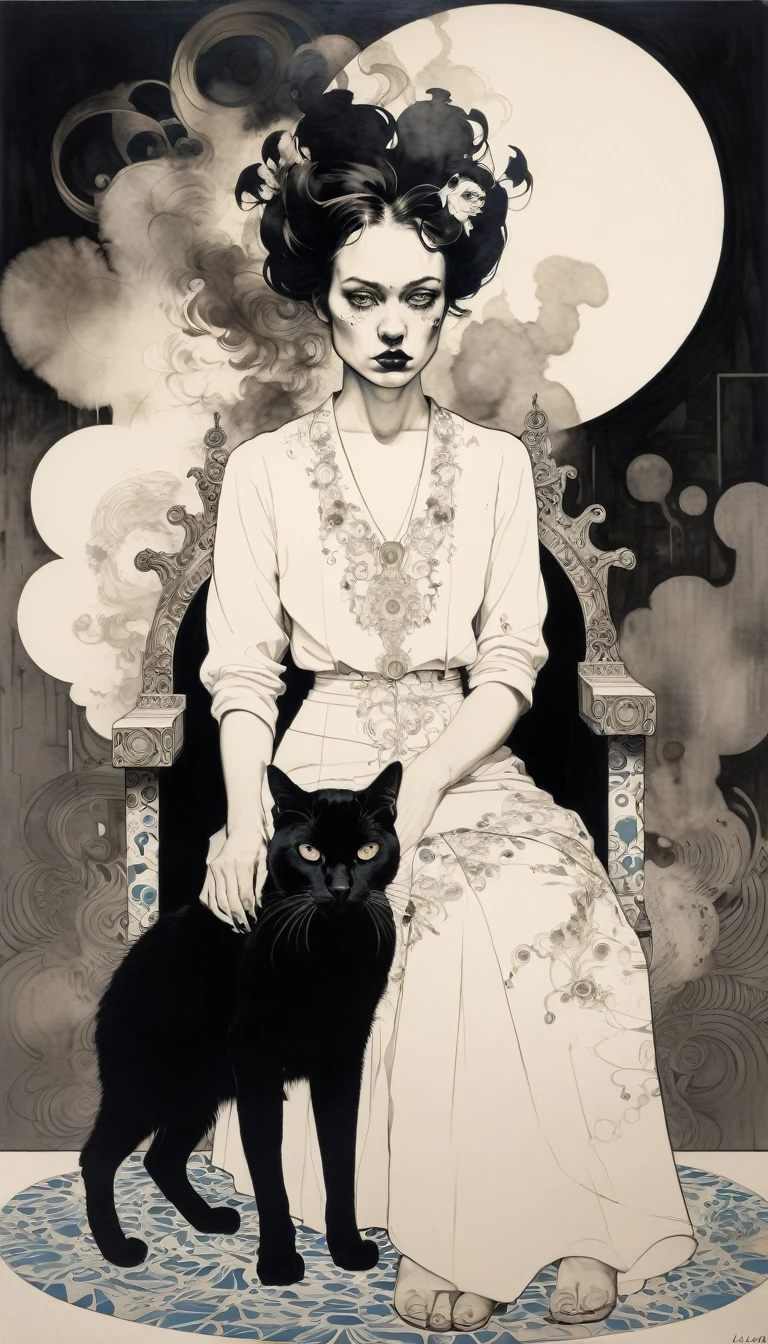 (Frida Kalho and one black cat) is a beautiful charming vampire queen sitting on a throne, carved out of dark smoke, pale skin,dark fantasy background, black, circular colored smoke, waves of shadows at night, abstract skull ornaments, messy hair, soft colors, flat 4d street art in the style of adrian ghenie, esao andrews, jenny saville , edward hopper, surrealism, james jean dark, takato yamamoto, inkpunk minimalism, , detailed eyes with circular iris, seamless geometric pattern harmony, luminogram, iron gall ink, art by Russ Mills, Sakimichan,, by GIlSam -paio octane rendering depicting innovation and truth, 8k, by Lee Jeffries, depth - Gs studio