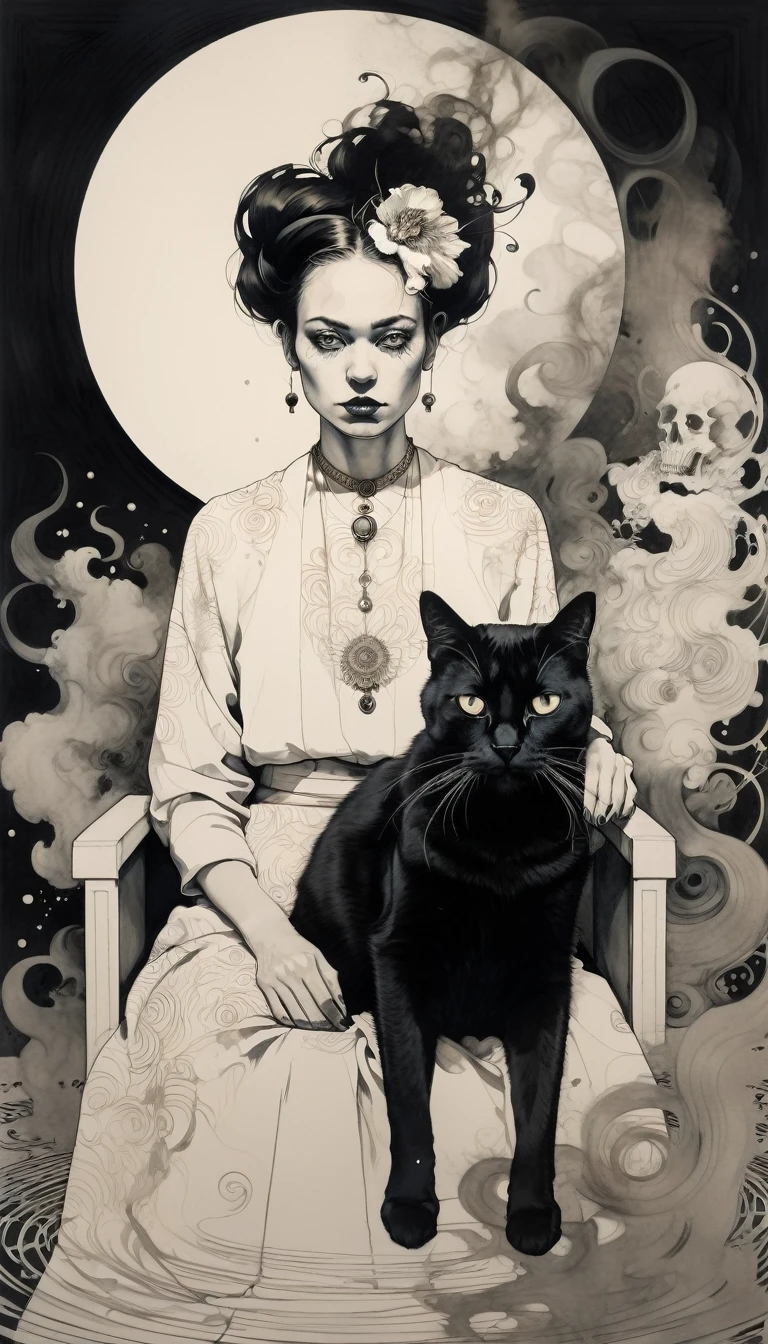(Frida Kalho and one black cat) is a beautiful charming vampire queen sitting on a throne, carved out of dark smoke, pale skin,dark fantasy background, black, circular colored smoke, waves of shadows at night, abstract skull ornaments, messy hair, soft colors, flat 4d street art in the style of adrian ghenie, esao andrews, jenny saville , edward hopper, surrealism, james jean dark, takato yamamoto, inkpunk minimalism, , detailed eyes with circular iris, seamless geometric pattern harmony, luminogram, iron gall ink, art by Russ Mills, Sakimichan,, by GIlSam -paio octane rendering depicting innovation and truth, 8k, by Lee Jeffries, depth - Gs studio