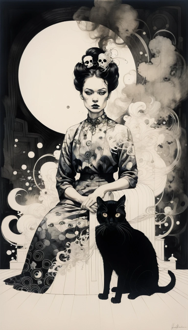 (Frida Kalho and one black cat) is a beautiful charming vampire queen sitting on a throne, carved out of dark smoke, pale skin,dark fantasy background, black, circular colored smoke, waves of shadows at night, abstract skull ornaments, messy hair, soft colors, flat 4d street art in the style of adrian ghenie, esao andrews, jenny saville , edward hopper, surrealism, james jean dark, takato yamamoto, inkpunk minimalism, , detailed eyes with circular iris, seamless geometric pattern harmony, luminogram, iron gall ink, art by Russ Mills, Sakimichan,, by GIlSam -paio octane rendering depicting innovation and truth, 8k, by Lee Jeffries, depth - Gs studio