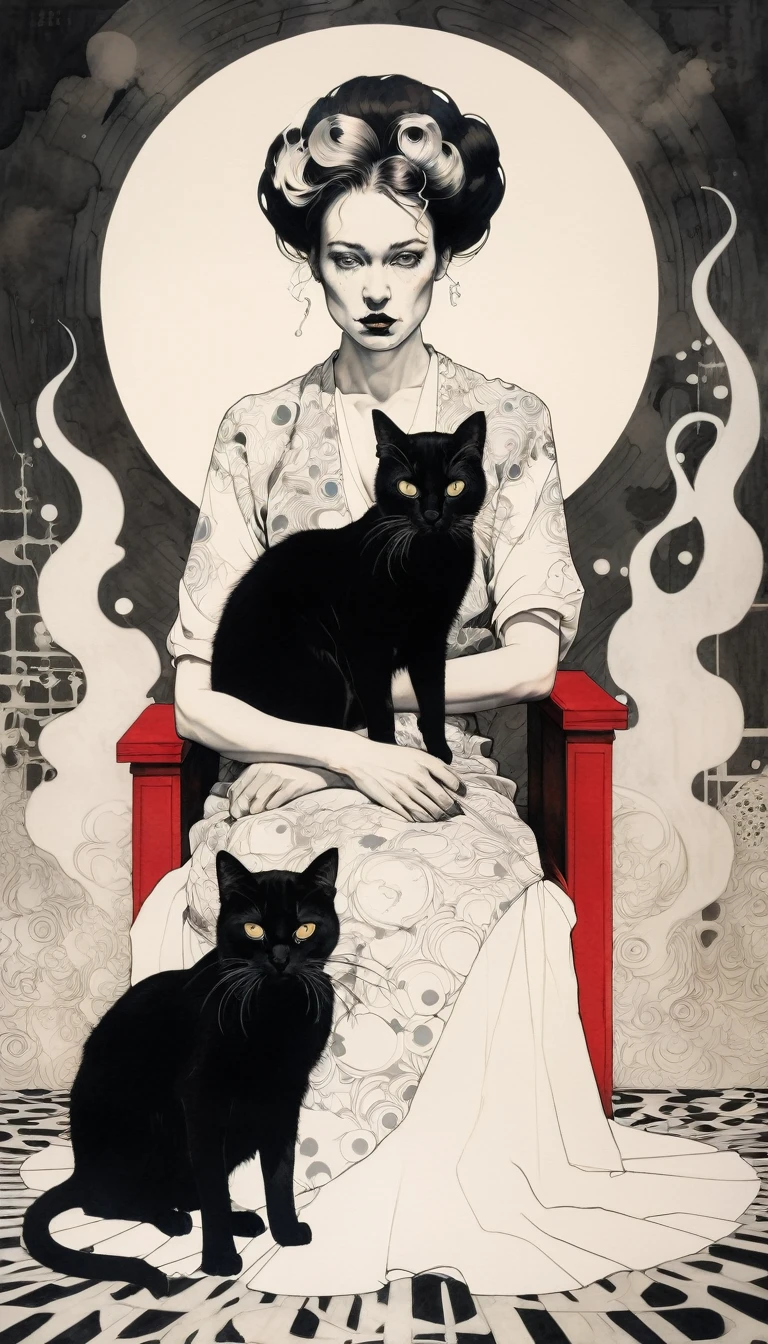 (Frida Kalho and one black cat) is a beautiful charming vampire queen sitting on a throne, carved out of dark smoke, pale skin,dark fantasy background, black, circular colored smoke, waves of shadows at night, abstract skull ornaments, messy hair, soft colors, flat 4d street art in the style of adrian ghenie, esao andrews, jenny saville , edward hopper, surrealism, james jean dark, takato yamamoto, inkpunk minimalism, , detailed eyes with circular iris, seamless geometric pattern harmony, luminogram, iron gall ink, art by Russ Mills, Sakimichan,, by GIlSam -paio octane rendering depicting innovation and truth, 8k, by Lee Jeffries, depth - Gs studio