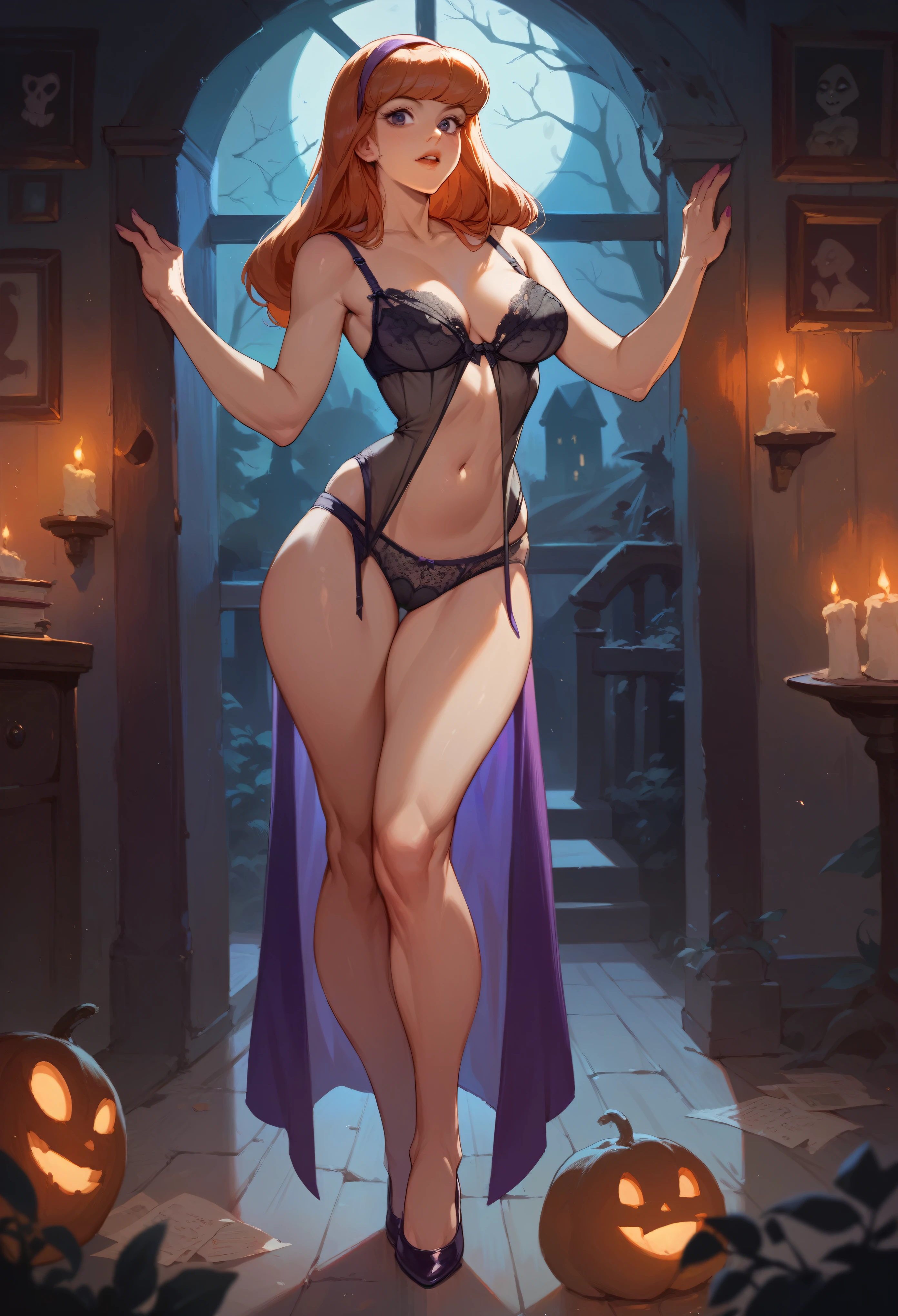 (Daphne Blake, lingerie), full body, in a spooky haunted house