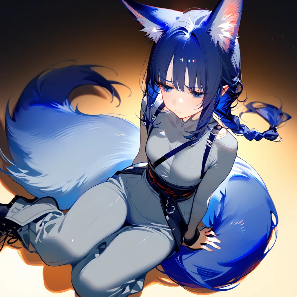 1girl, solo, bangs, hair braided in a low long ponytail, long blue fox ears, grey blue bodysuit, gray big pants, high boots, big fox fire blue tail, dark blue hair, dark blue eyes, sad look, straps on the chest, straps on the waist, short gray-green skirt.