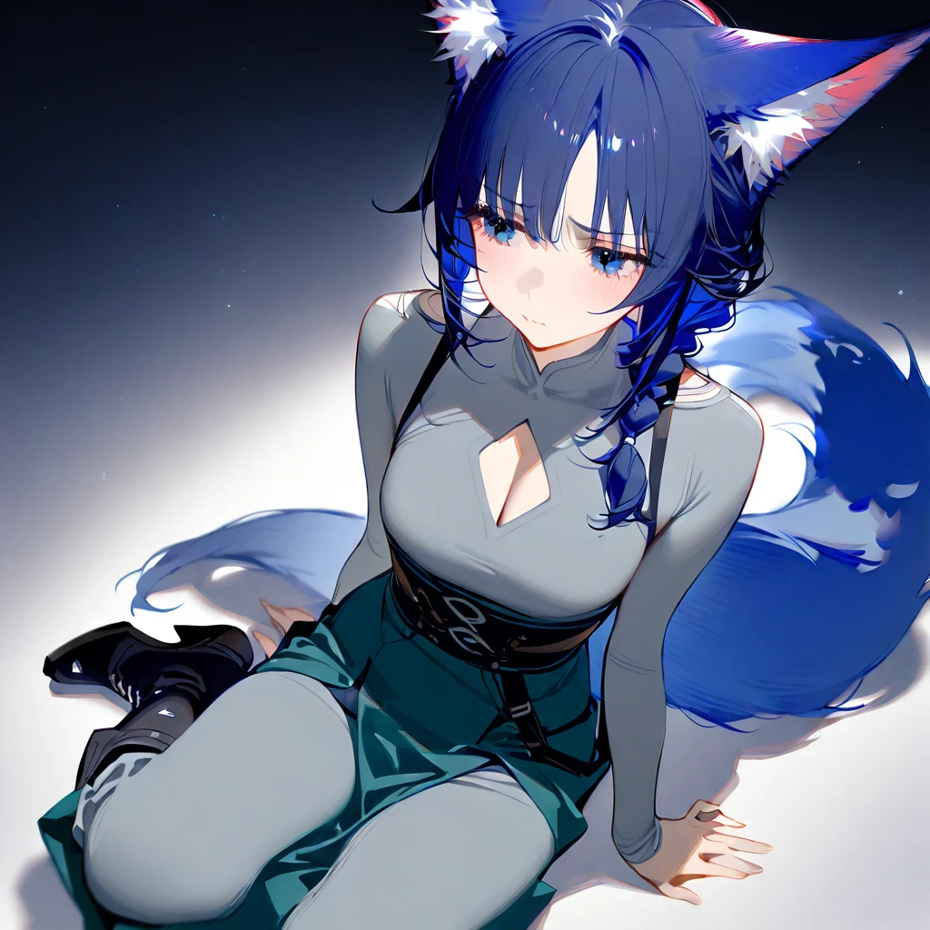 1girl, solo, bangs, hair braided in a low long ponytail, long blue fox ears, grey blue bodysuit, gray big pants, high boots, big fox fire blue tail, dark blue hair, dark blue eyes, sad look, straps on the chest, straps on the waist, short gray-green skirt.