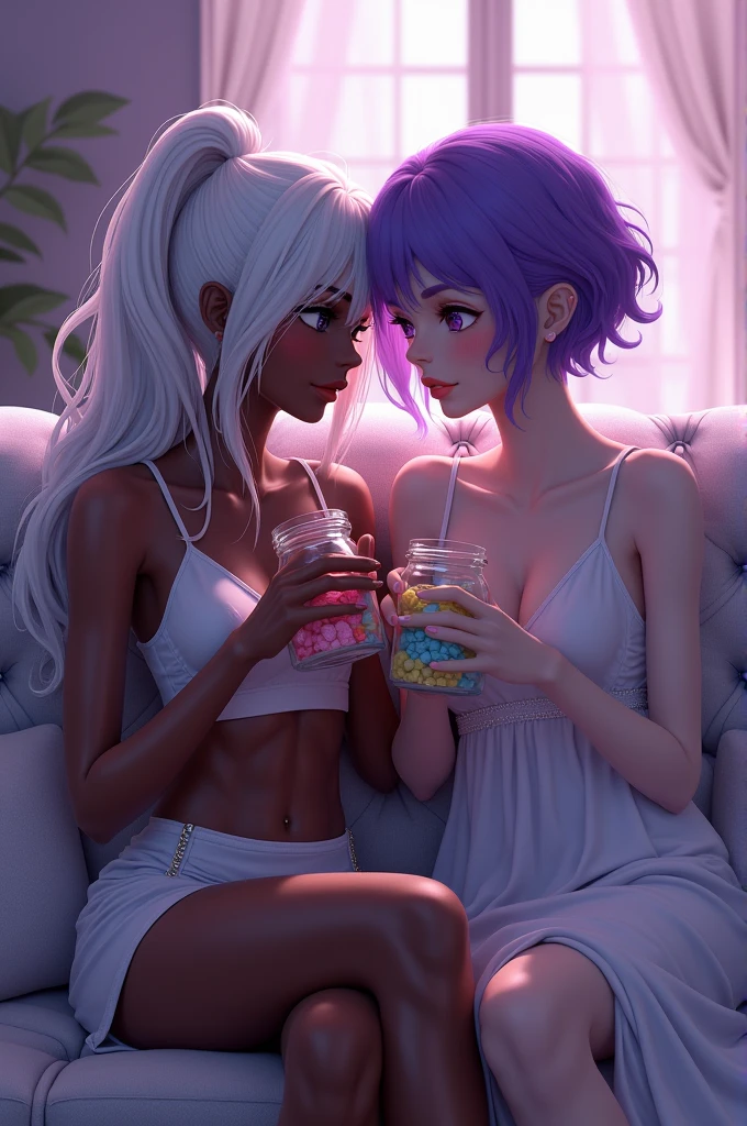 The image contains two women: one of them is black and has long white hair and white eyes - the other woman has light gray skin, purple eyes and short purple hair.
The two women are eating candy from a small jar, sitting on a sofa in a living room of a house. The atmosphere is light purple.
