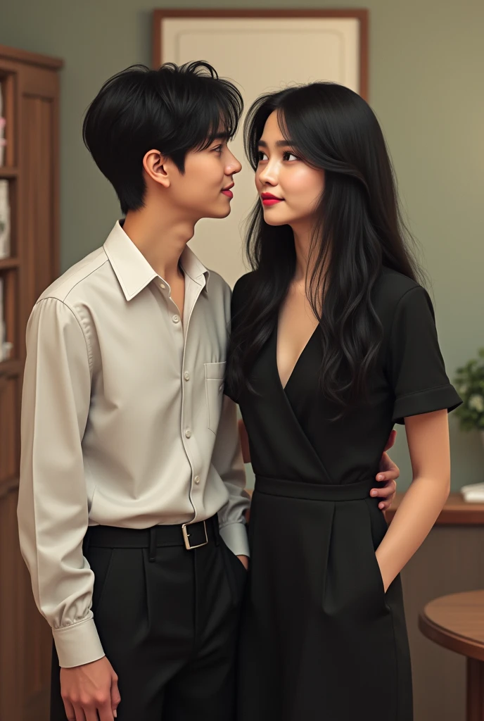  BTS&#39;s Jung Hoseok smiling from the front with black hair, wearing a black pants and a white shirt, with a twin sister beside him, with long black hair, serious expression wearing a black dress. Both being brothers in a casual setting