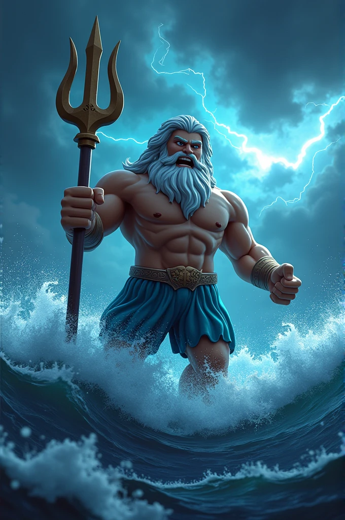 Posidon with his trident fighting a strom at night as a roblox character ( add text saying “gods of rng” in the background)