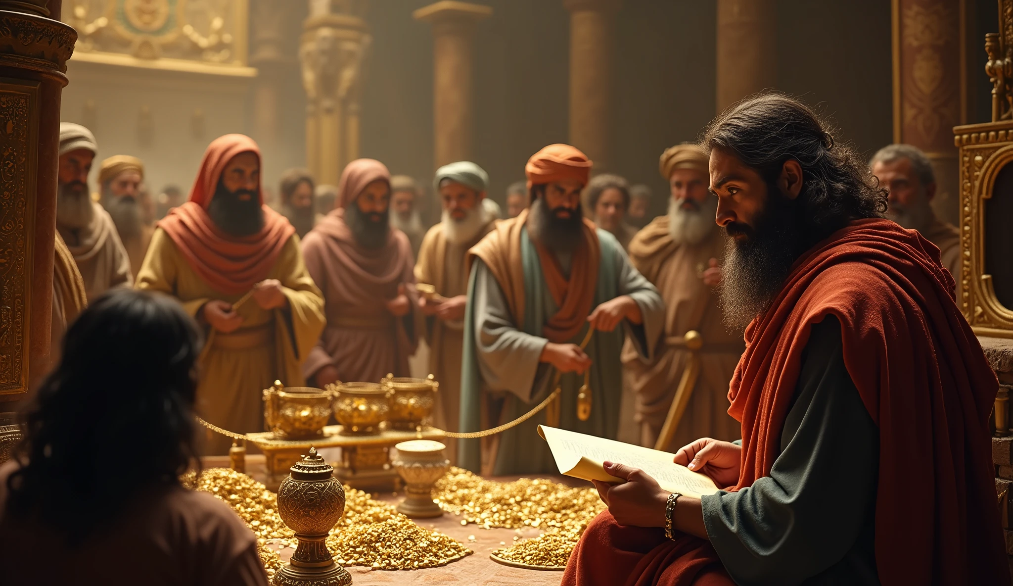 Create a hyper-realistic and mysterious image of Solomon observing a group of merchants in a room full of treasures, while he is in a corner, calmly studying a scroll. The merchants are busy counting and weighing gold, oblivious to Solomon's presence. The scene is meant to highlight the contrast between the merchants' frantic search for wealth and Solomon's serenity., that is focused on something of greater value. Lighting should be soft, with a golden focus on the scroll and Solomon's contemplative expression, suggesting that true success comes from wisdom, not from impulsive accumulation.