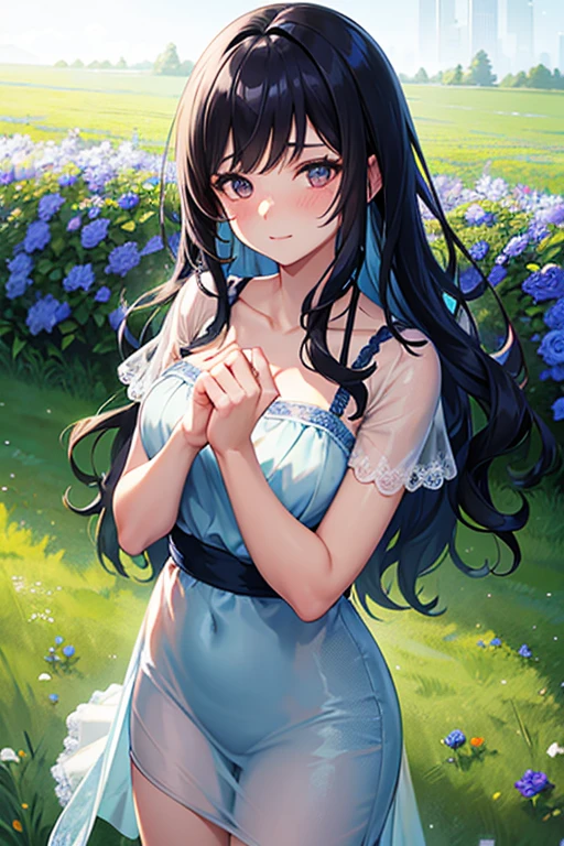 beautiful woman under pouring rain, (chic, beautiful face), blue transparent dress, (freckles:0.8), field of flowers, wavy black hair, scattered hair, blush, looking ahead at viewer