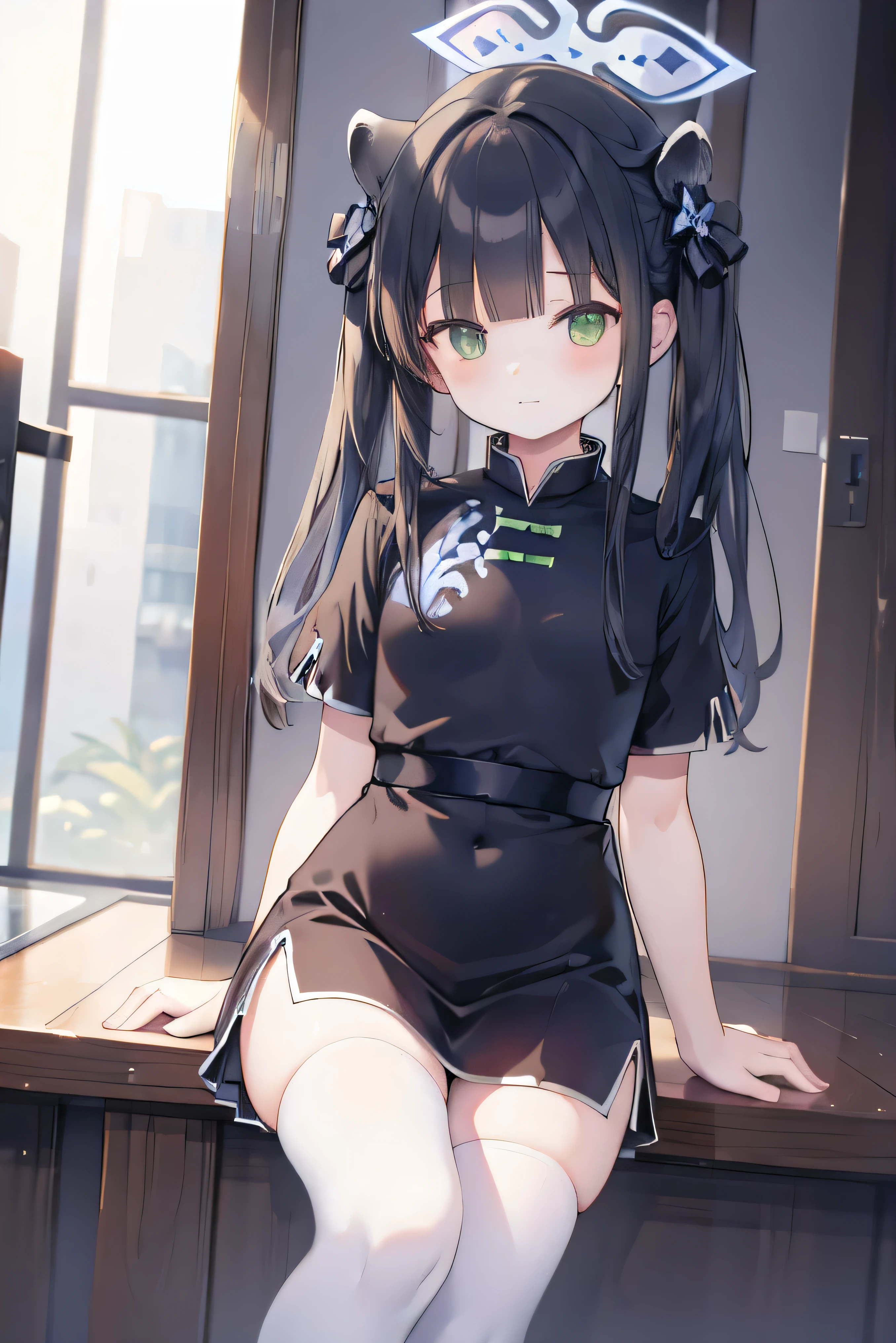 Schnee, Hello, Animal ears, Flat Chest, Twin tails, Chinese clothing, Short sleeve, White knee socks, shoes, 8k resolution, at the park, , Realistic eyes, Idol Pose, very happy