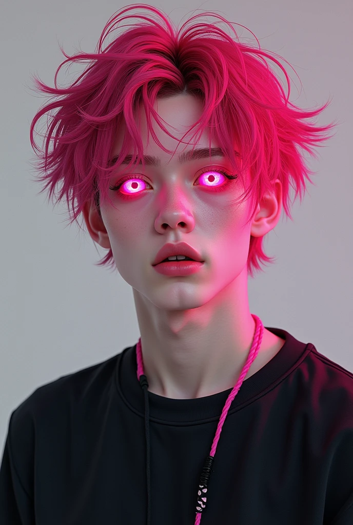 19 year old boy with white skin,
pale skin Messy hair
Bright blood red
Bright red hair
light pink eyes
Very pink eyes
Pink eyes
Bright Pink eyes
Wearing a black sweatshirt with pink details