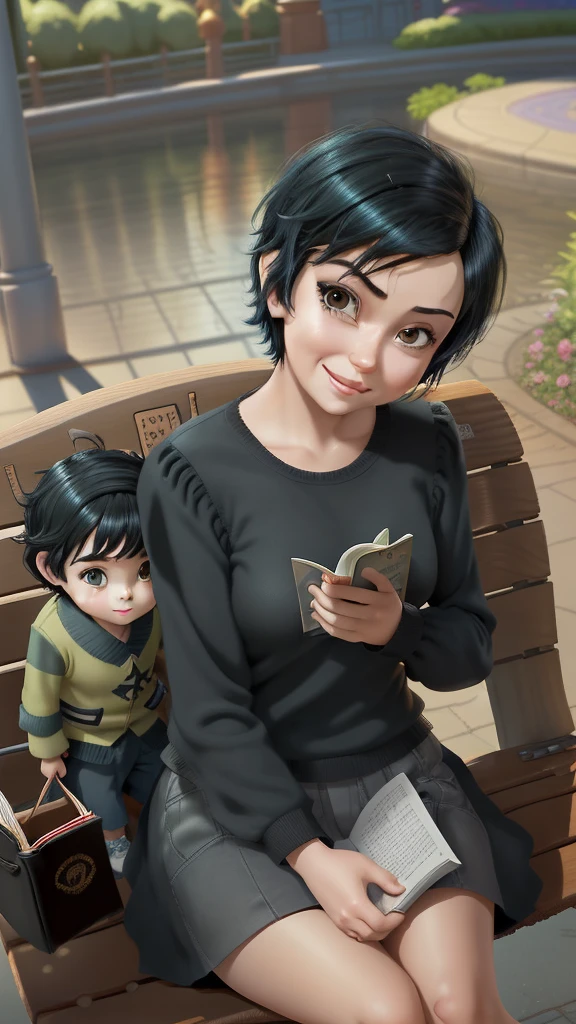 Style pixar, 3d, cartoon, a happy lady of about 4, very short black hair, big brown eyes, sitting on a park bench, sitting on a park bench, reading a book