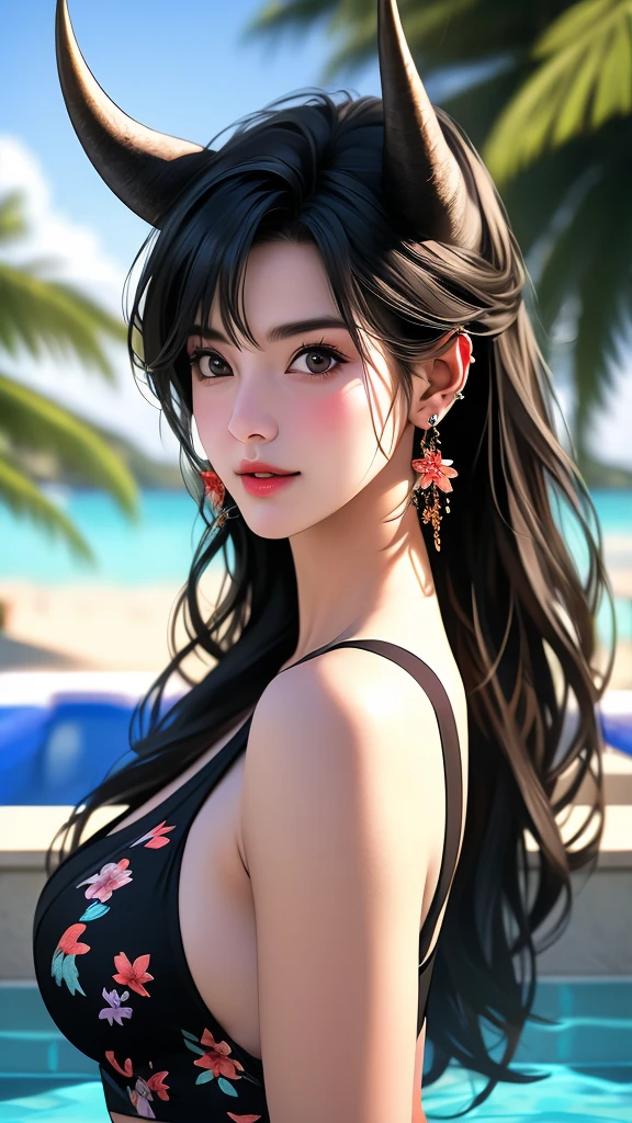 1girl, palm tree, horns, earrings, jewelry, breasts, swimsuit, looking at viewer, pool, long hair, solo, smile, bikini, palm leaf, water, floral print, branch, black hair, bangs, ocean, bare shoulders, beach, upper body, poolside, tree, outdoors, cleavage, black bikini, medium breasts, ear piercing, from side, blurry background, blurry foreground, depth of field, (best quality,4k,8k,highres,masterpiece:1.2),ultra-detailed,(realistic,photorealistic,photo-realistic:1.37)
