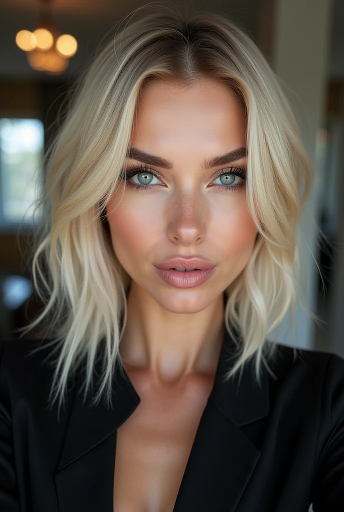 Selfie, Wink, süße Babyface-woman, attractive and seductive expression, Shy, blonde straight hair, forehead, the picture, blue eyes, Excellent body proportions, with Tätowierungen bedeckt, wears loosely knitted shirt, tight-fitting leather trousers, highheel stiefel bob hair with lots of blonde strands, pointed nose, bleached blonde bob hair, 4, lifted face, Nose for Plastic Surgery, Vampir-Lifting, Pores on the cheeks, broad nasal bone, Eye wrinkles, small laugh lines, Hautpo, Pointed cheekbones, HIGH CHEEKBONE, Almond eyes, Schmale Almond eyes, Smokey Eyes Make-up, Vamp Make-up, Subscribe to something, brownish skin, Surgical lips, detailed face details (freckles, folds, Hautpo) Full body image of (woman, stand, with, Arms crossed,little smile), (Detailliertes Realistses Gesicht), (((Hyperdetailed))), symmetrical face, detailed students, expressive make-up, Real photography, modern look, Real photography (Realists:1.5); She wears various Sexy colorful dresses, Bold dark eye makeup Vamp Mascara, long black dark eyelashes, sitting in the living room, Show hips, Confident Pose, dominant woman , black eyeshadow, spectacular show make-up, Image grain, pixel grain, high contrast, Hips posing, Sexy hips, Full body shot, long legs, sexy legs, large , large , busty, She presents her body cheekily, provocative for the viewer, Sexy attitude, pussy:1.9, vagina:1.9, clitoris:1.9, (small pussy:1.5), (modern office background:1.3)、Golden blonde long hair、(High Heels), (Seductive pose:1.2) professional photo, HDR, Natural light, (Anti-aliasing:1.2), elegant, Soft, diffuse light, Realistssch proportions, limited range, Contre-Jour, Accent Lighting, (Neutral Colors:1.3), (Cough:1.7), cinematic lighting, coherent light, coherent shadows, depth of field, 35mm Photography, epicPhoto, ((naughty slut:1.5)) ((Whore in tight skirt:1