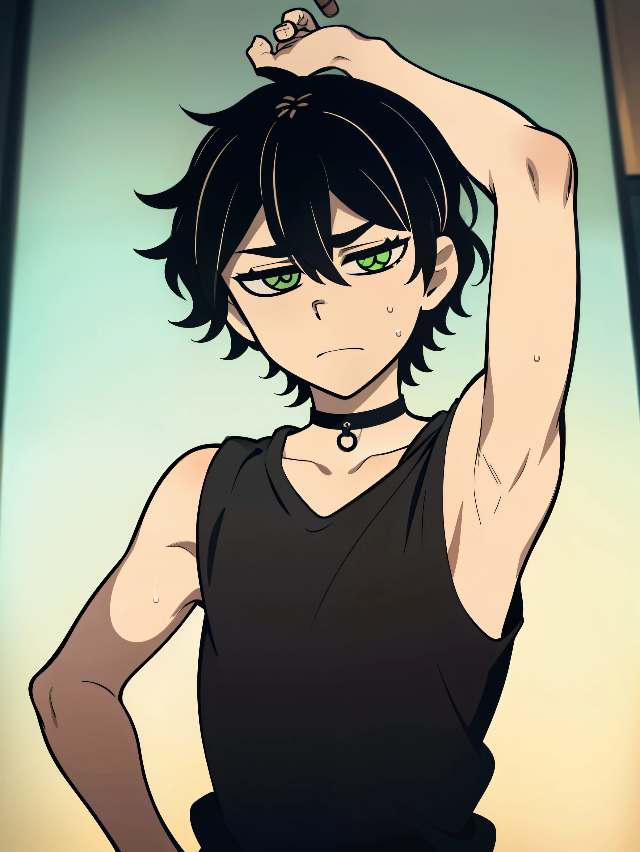 Highres, Masterpiece, Best quality at best,Best Quality,hight quality, hight detailed, Anime style, 1boy, Shota, young boy, Young andy graves, hair between eyes, closed mouth,black hair, green eyes, Slim body, messy hair, bright pupils, look at viewer,Sleeveless vest, Bare shoulder, choker, Flat chest, upper body, simple beckground, (Showing armpit:1.3), (very young boy), (very small and short body), simple beckground, hansome boy, Uhd, bokeh, sweat