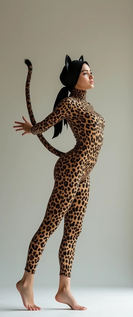 The beautiful muslimah contortion adult girl contortionist with beautiful cheeks wears leopard print full lycra dancewear turtleneck unitard catsuit with a tail and leopard lycra elastane dancewear hijab with a pair of ears.