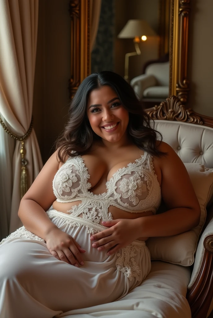 stunning Mexican woman, smiling, plump, curvy body, in sheer white lingerie adorned with intricate floral embroidery, fine delicate textures, centered subject, eye-level shot, lying on a velvet chaise lounge, back slightly arched, legs elegantly crossed, soft lighting highlighting the detailed embroidery and smooth skin, luxurious boudoir setting with ornate mirrors, silk drapes, and a plush rug, warm ambient light casting soft shadows, a mix of sensuality and refined elegance, intimate and romantic atmosphere