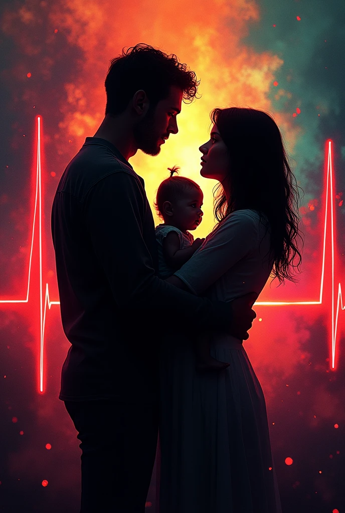 black and white silhouette, red heartbeat line, dark background, In the middle of the heartbeat line a Latin family is formed, dad short curly hair, Mom with shoulder length straight hair and a 3  female baby withigtails in her hair, Dark fantasy type scene