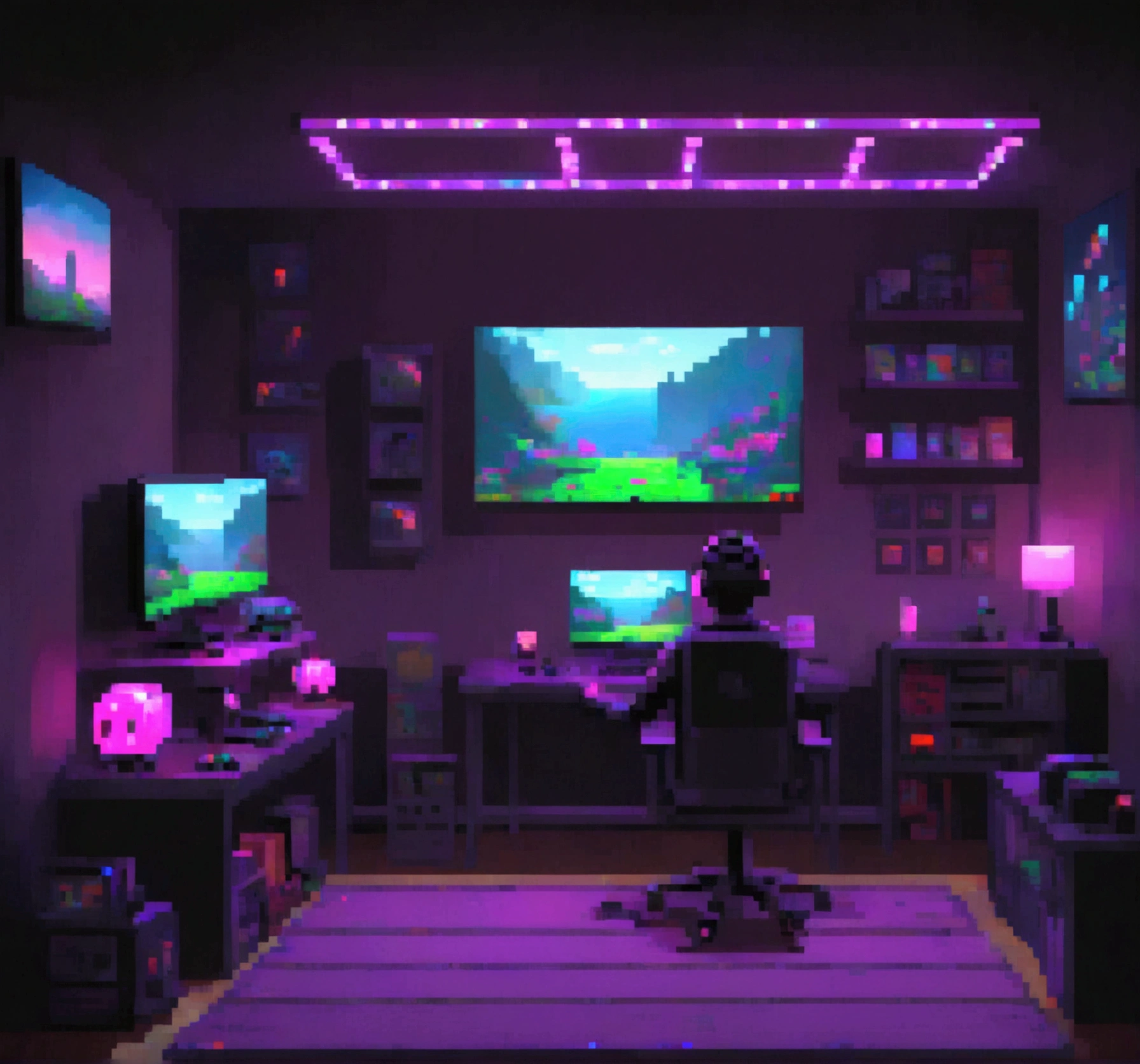 dark gamer room with pixel art style LEDs, with hands on the table, first-person, good details,