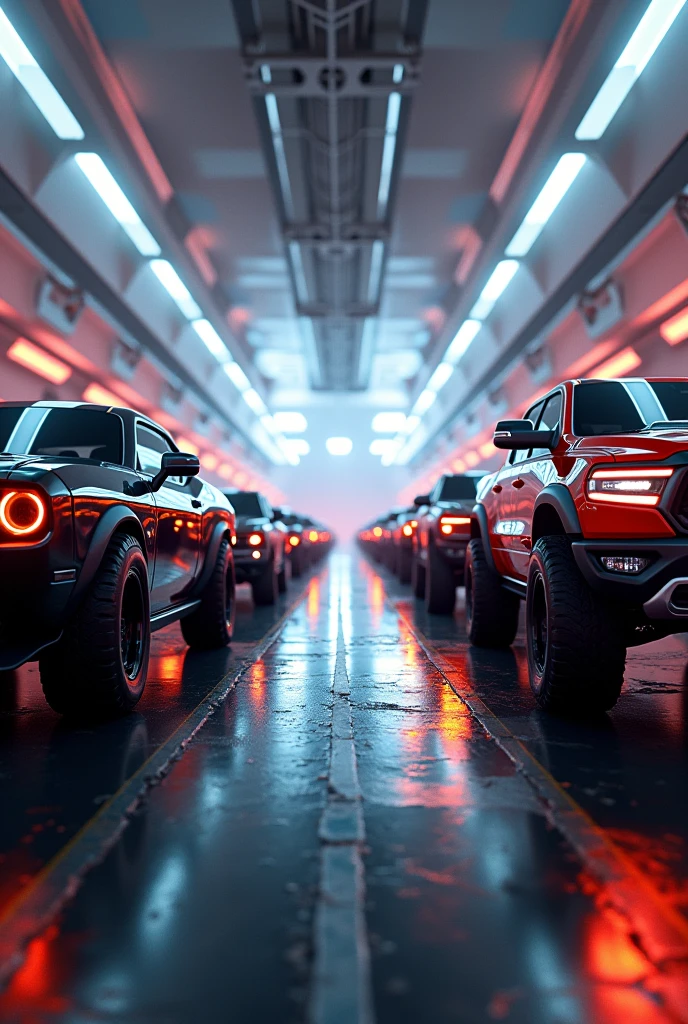 Create a line of cars on each edge of the image with a car design like the dodge challenger, Ford raptor, ram trx