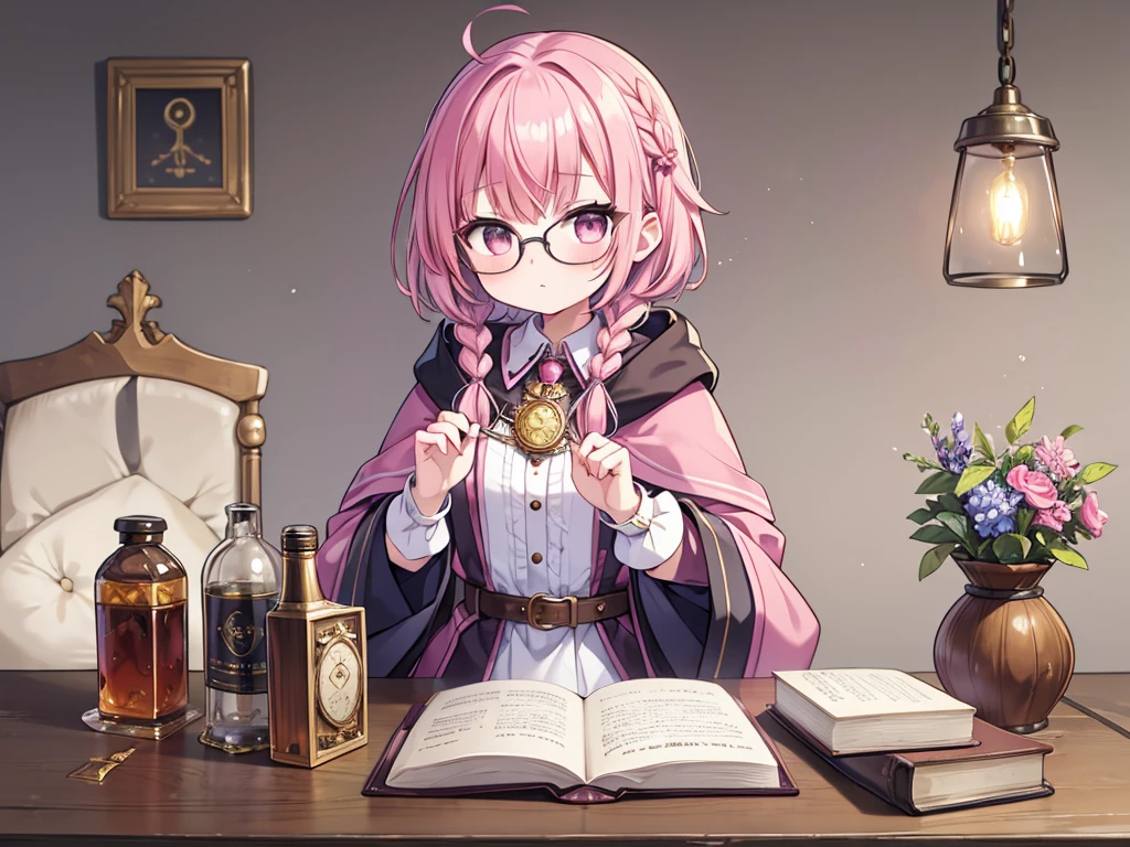 masterpiece,best quality,ultra detailed,super resolution,
Character portrait,Gradient Color background,alchemy,solo,
stand,1 Alchemist girl,slender,,,well-proportioned,(pink hair,twin braids hair,short hair:1.1),hairpin,ribbon,glasses,Small hat,Long Robe,Hooded cloak,rune engraved pendant,Belt,small pouch,Leather gloves,sturdy boots,An old magic book, a small bunch of herbs,Girl doing an experiment,